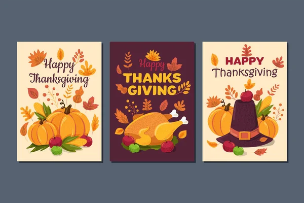 Happy thanksgiving, traditional holiday greeting cards set — Stock Vector