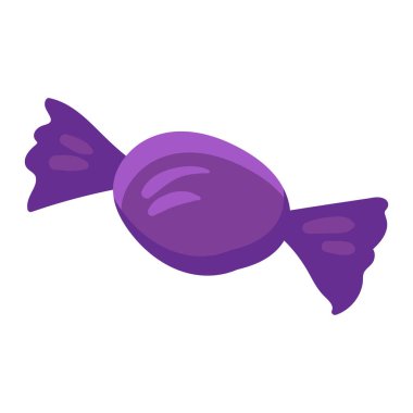 Mor ambalajlı şeker lolipopu beyaz arka planda izole edilmiş ikon. Cadılar Bayramı ya da Noel konsepti için güzel bir tatil hediyesi. Vektör illüstrasyonu