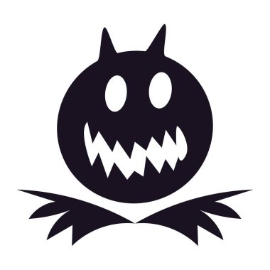 Korkunç Cadılar Bayramı silueti, Cadılar Bayramı canavarının ürkütücü gülümseyen yüzü beyaz arka planda izole edilmiş vampir ya da hayalet. Vektör illüstrasyonu