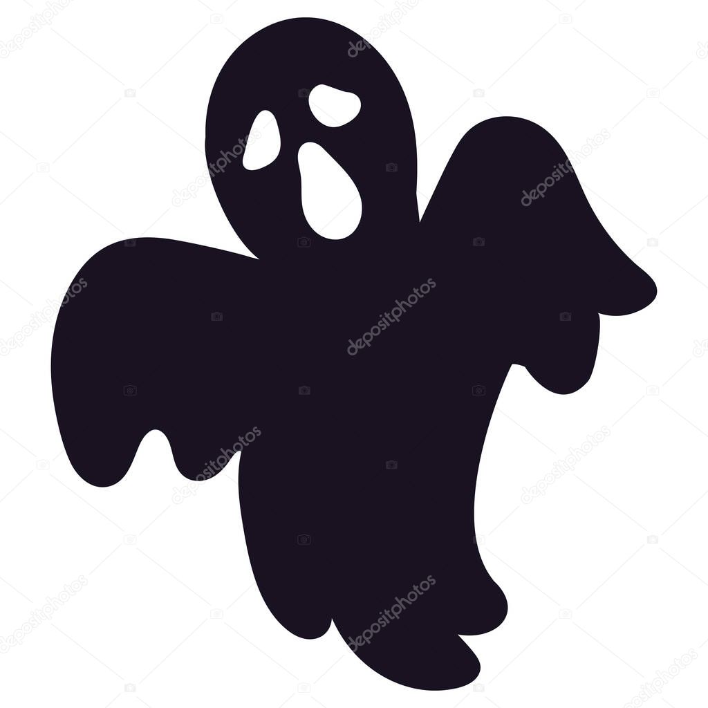 Halloween ghost silhouette icon, spooky sign on white background. Scary ghost character for Halloween holiday. Cartoon death sign. Vector illustration