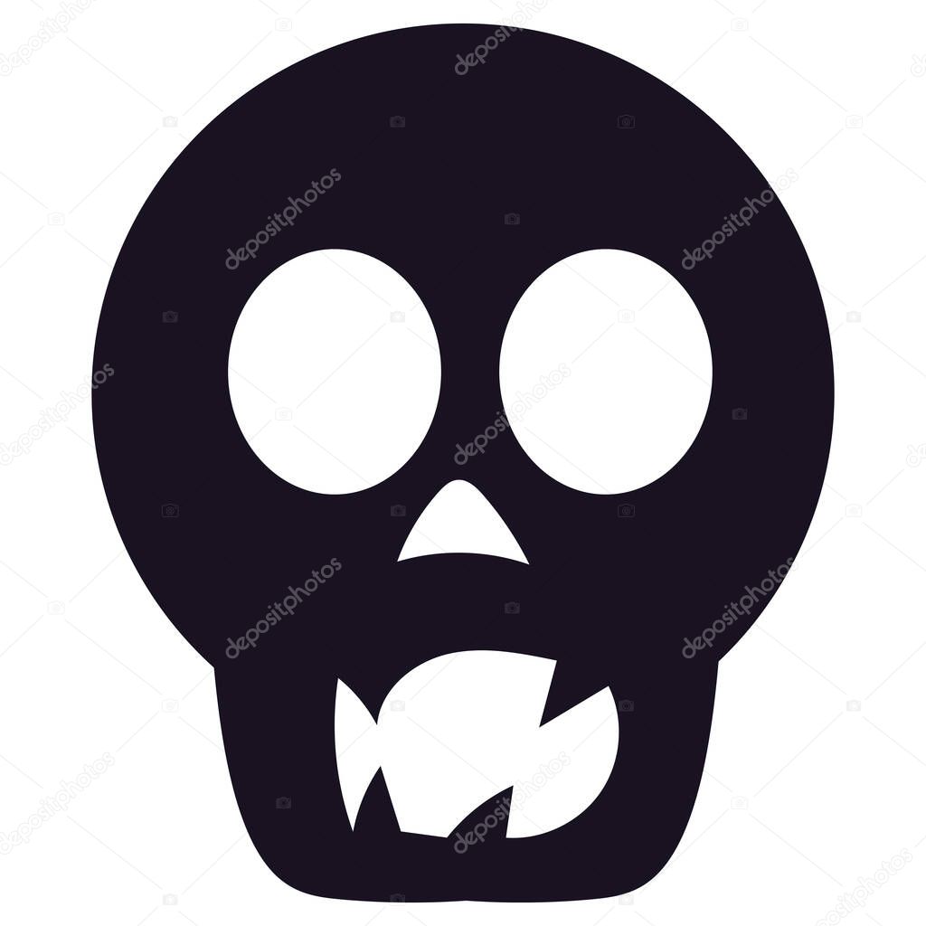 Black silhouette skull isolated. Scary icon design for Halloween. Human head skeleton, death sign for Halloween celebration. Vector illustration