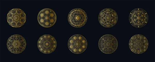 Golden Ink Geometric Mandala Linear Vector Set Ethnic Oriental Symbol — Stock Vector