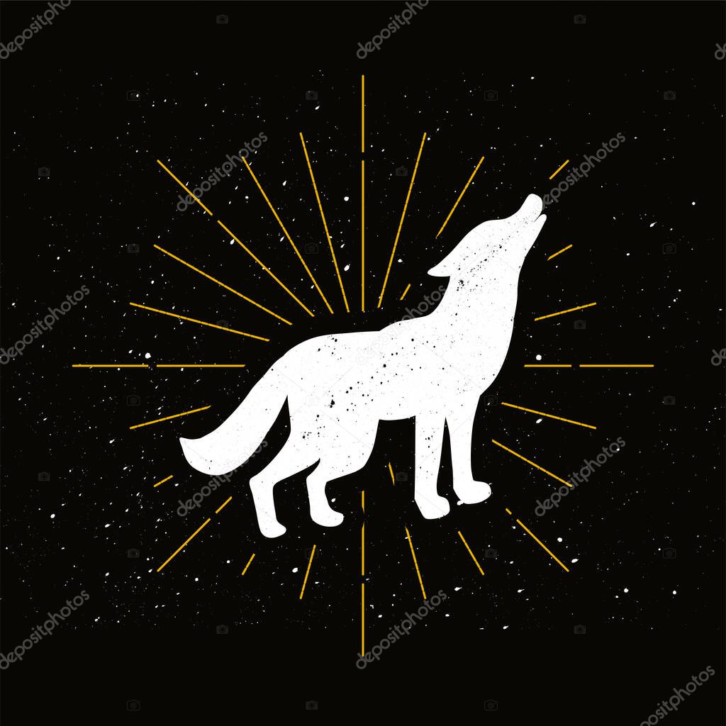 Retro howling wolf silhouette. Wild animal, dangerous predator badge. Wildlife, forest hunter icon