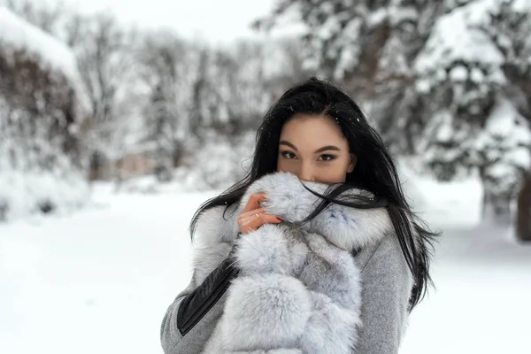 Winter Wandeling Met Een Heldere Brunette — Stockfoto