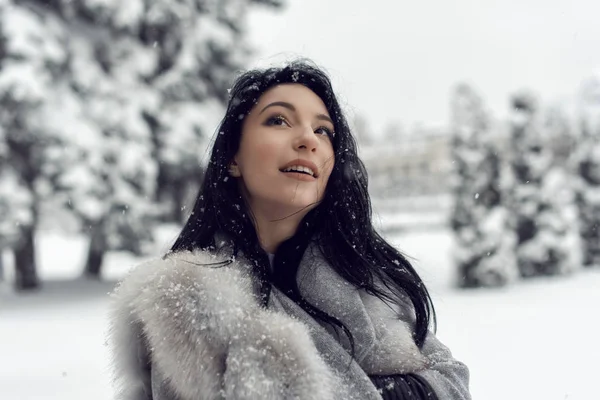 Winter Wandeling Met Een Heldere Brunette — Stockfoto