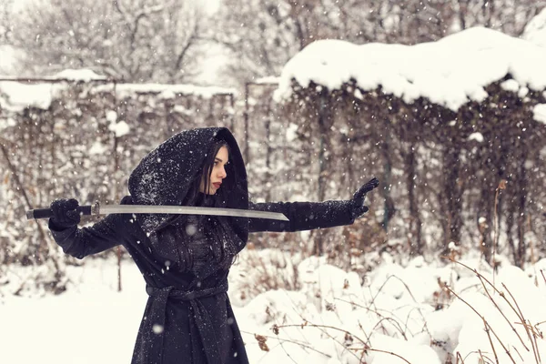 Dans Parc Avec Une Fille Par Temps Neigeux — Photo