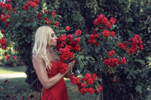 Reife Blondine im Garten mit Rosen — Stockfoto