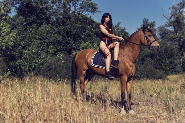 Summer walk of the girl with a brown horse — ストック写真