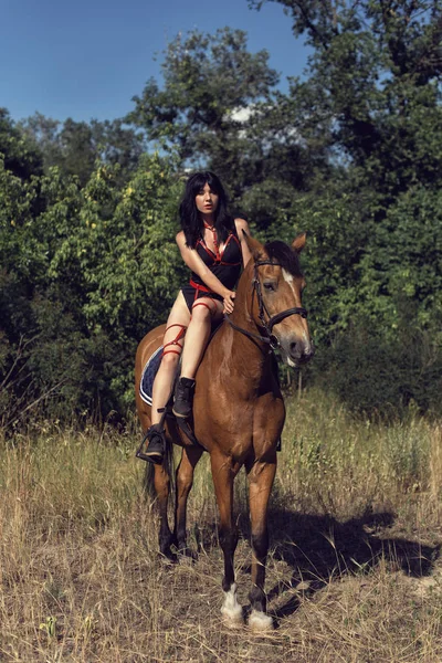 Promenade estivale de la fille avec un cheval brun — Photo
