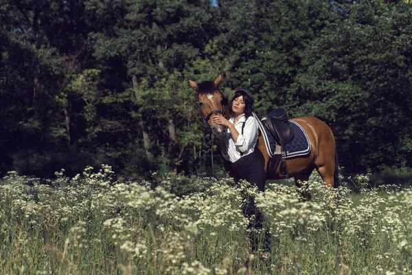 Summer walk of the girl with a brown horse — ストック写真