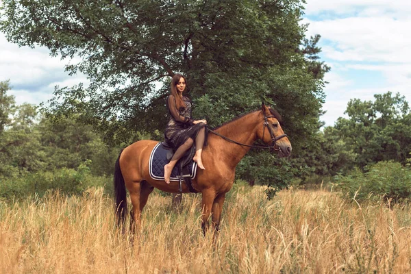 Fille Dans Champ Sur Cheval Brun — Photo