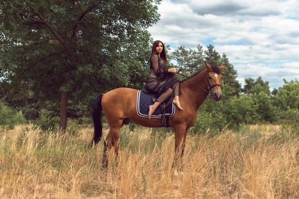 Fille Dans Champ Sur Cheval Brun — Photo