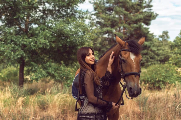 在田野里骑着一匹棕色马的女孩 — 图库照片