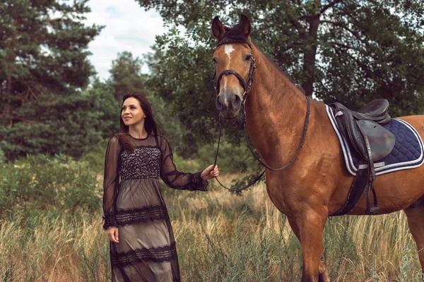 Flicka Ett Fält Brun Häst — Stockfoto