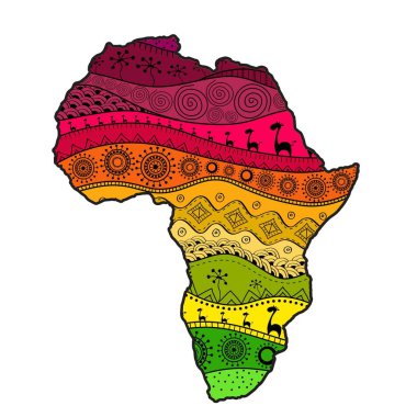 Afrika 'nın dokulu vektör haritası. Elle çizilmiş etnik model, kabile geçmişi. Vektör çizimi. Soyut Renkli Arkaplan