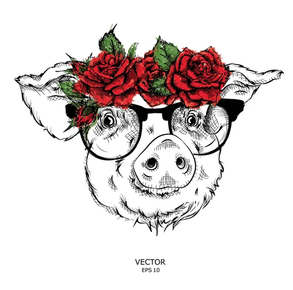 手画的画像 猪戴着花圈的花朵 矢量插图 — 图库矢量图片