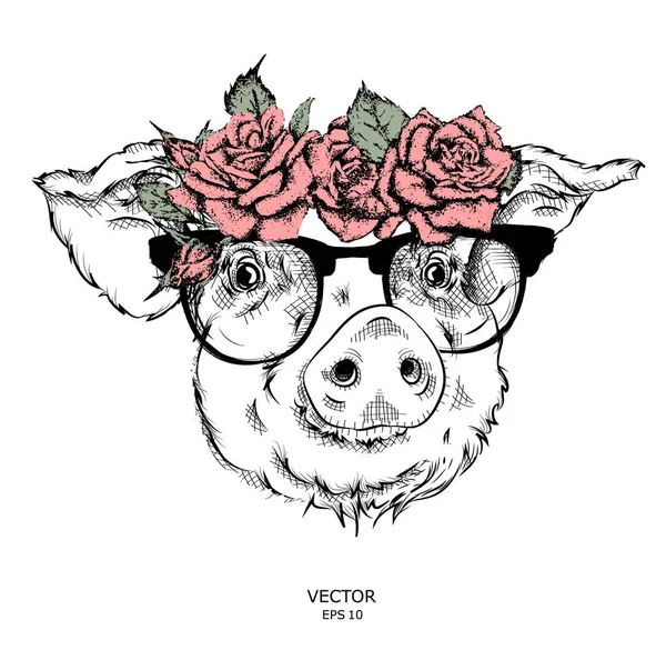 Hand Draw Portrait Pig Wearing Wreath Flowers Vector Illustration — Stock Vector