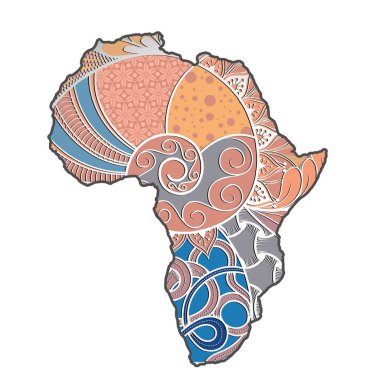 Afrika 'nın dokulu vektör haritası. Elle çizilmiş etnik model, kabile geçmişi. Vektör çizimi. Soyut Renkli Arkaplan