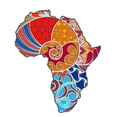 Afrika 'nın dokulu vektör haritası. Elle çizilmiş etnik model, kabile geçmişi. Vektör çizimi. Soyut Renkli Arkaplan