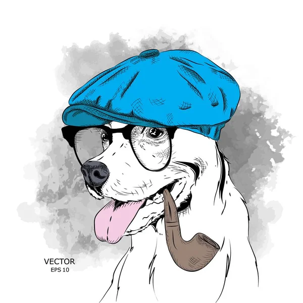 Εικόνα Πορτρέτο Του Σκύλου Στο Καπέλο Και Σωλήνα Καπνού Εικονογράφηση — Διανυσματικό Αρχείο