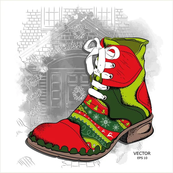 Zapatos Juveniles Navidad Hipster Bota Étnica Diseño Año Nuevo Ilustración — Vector de stock