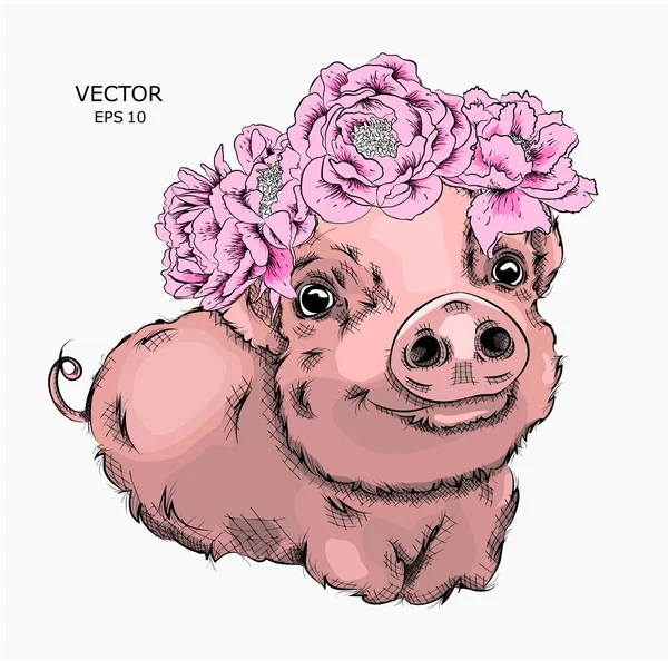 Lustig Gezeichnetes Schwein Einem Blumenkranz Aus Pfingstrose Vektorillustration — Stockvektor