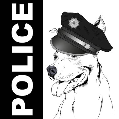 Polis şapkası bir köpek. Köpek arka planda metropol. Vektör çizim