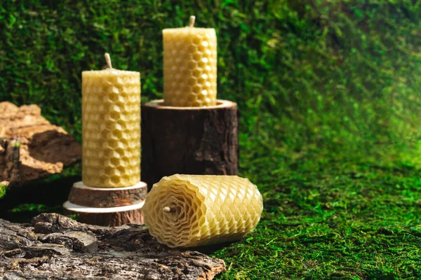 Thtee beeswax candles on green forest moss. Aroma zero waste concept. Organic wax hand made banner template