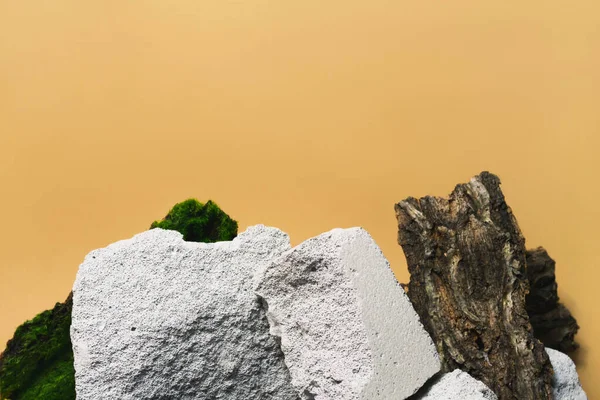 Podio in pietra vuota, corteccia, modello muschio su sfondo beige. Prodotto, espositore cosmetico per imballaggio piedistallo — Foto Stock