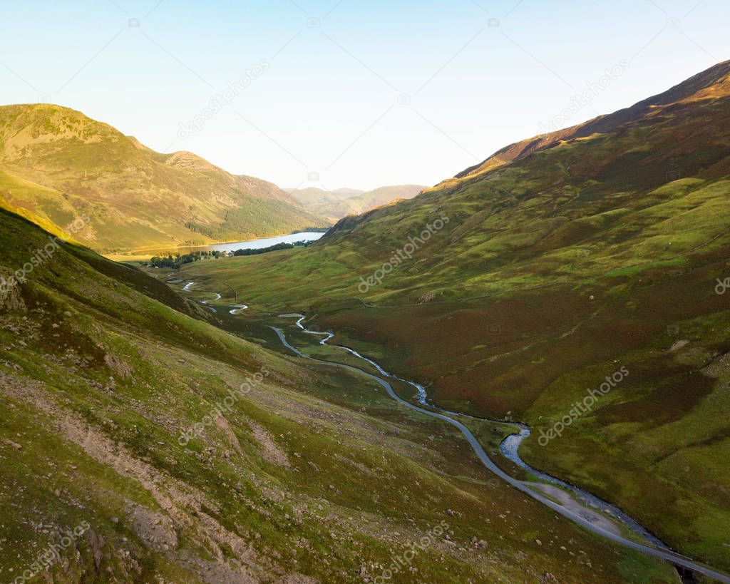 Aerial drone capture of the mighty Honister Pass in the English 
