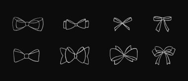 Kurdeleli tebeşir papyonu. Düğün, doğum günü, Noel süslemesi veya indirimi için tasarım şablonu için siyah karatahta arkaplan üzerinde el çizimi vektör çizimi izole. 