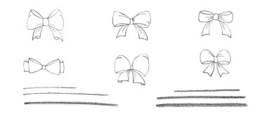 Chalk coquette bow ve şerit takımı. Düğün, doğum günü, Noel süslemesi veya indirimi için tasarım şablonu için beyaz arka planda el çizimi vektör çizimi izole edilmiş, indirimi. 