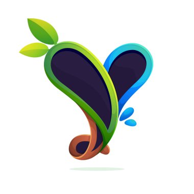 Yeşil yapraklar ve çiy damlaları ile stilize Y harf logosu ekoloji.