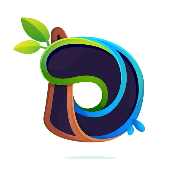 D letter logo ecologie gestileerd met groene bladeren en dauw druppels. — Stockvector