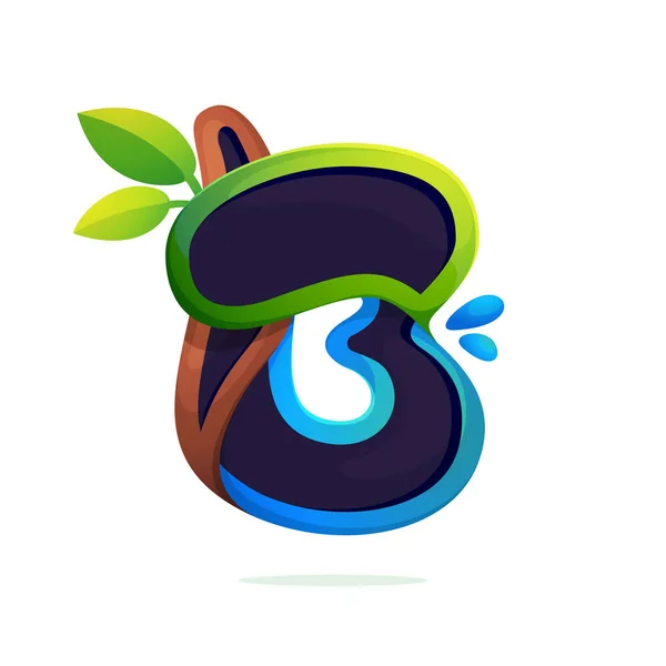 Екологія логотипу літери B, стилізована з зеленим листям та краплями роси . — стоковий вектор