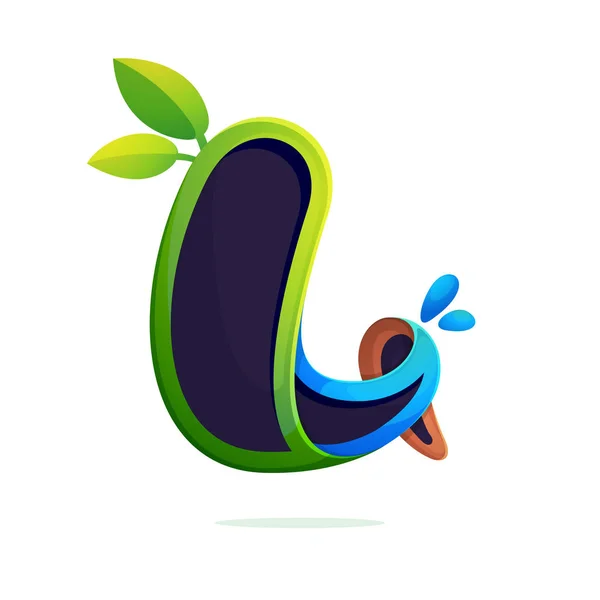 L letter logo ecologie gestileerd met groene bladeren en dauw druppels. — Stockvector