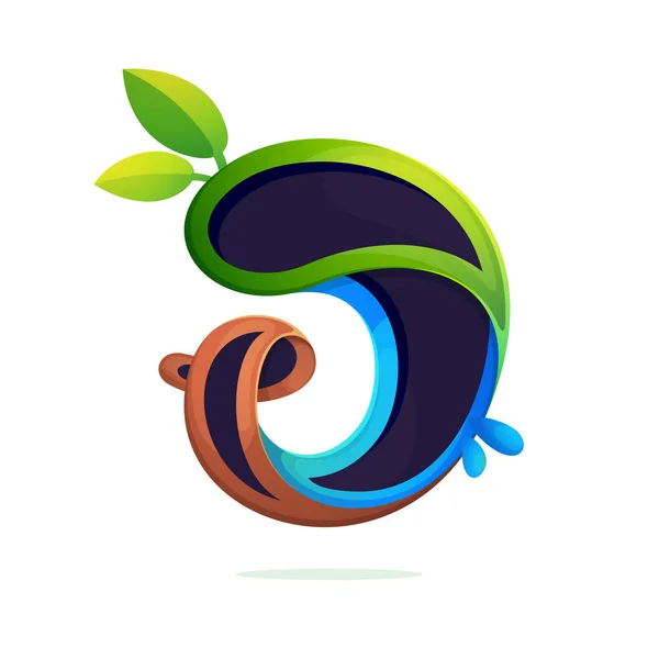 Екологія логотипу літери J, стилізована з зеленим листям та краплями роси . — стоковий вектор