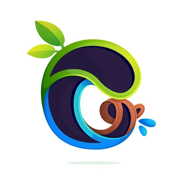 O letra logo ecología estilizada con hojas verdes y gotas de rocío . — Vector de stock