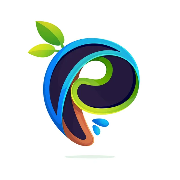 P letra logo ecología estilizada con hojas verdes y gotas de rocío . — Vector de stock