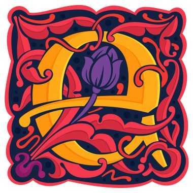 E harfi renkli antikantik gotik ilk logo.