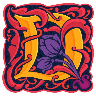 D harfi renkli antik antikgotik ilk logo.