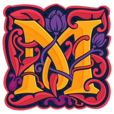 M harfi renkli antikantik gotik ilk logo.