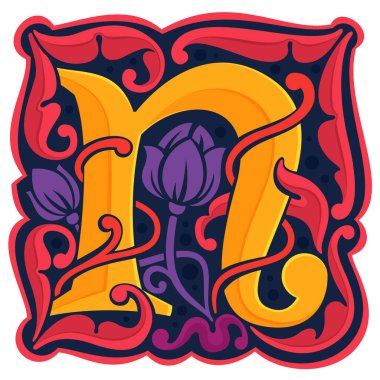 N harfi renkli antikantik gotik ilk logo.