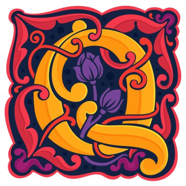 Q harfi renkli antikantik gotik ilk logo.