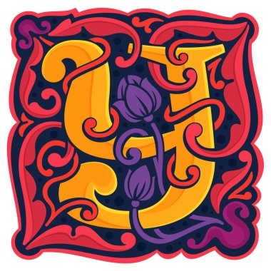 Y harfi renkli antik antikgotik ilk logo.