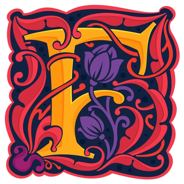 F harfi renkli antikantik gotik ilk logo. — Stok Vektör
