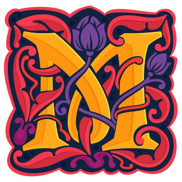 M harfi renkli antikantik gotik ilk logo. — Stok Vektör