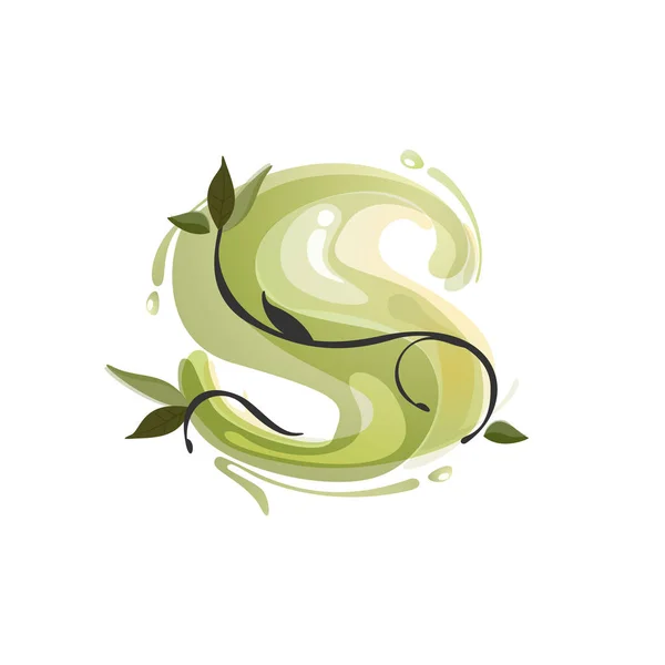 S letra aquarela mão desenhado verde logotipo natural . — Vetor de Stock