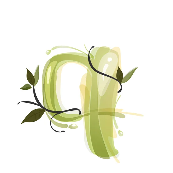 Q letter watercolor hand drawn green natural logo. — Stock vektor
