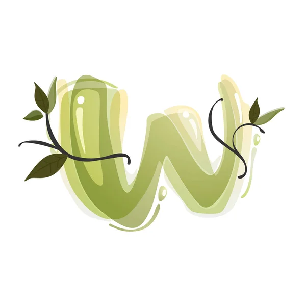 W letra acuarela mano dibujado verde logotipo natural . — Vector de stock